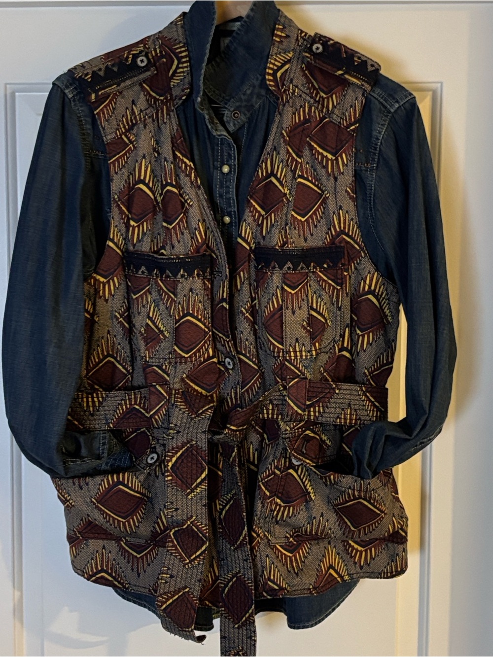 Anthropologie Elevenese Printed Vest in Burgundy, Blue and Cream VEST ONLY